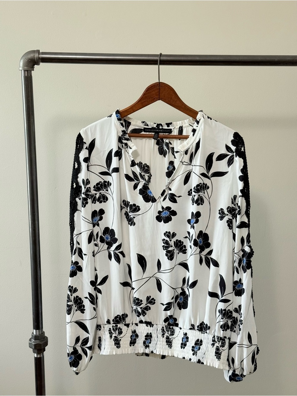 White House Black Market White Blouse with Black Floral & Blue Accents